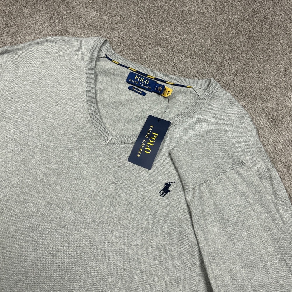 Polo Ralph Lauren Sweater Mens Large Gray Pima Cotton V Neck Pony Logo Pullover